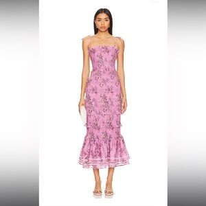 V. Chapman Lily Ruched & Ruffled Stretch Satin Midi Dress